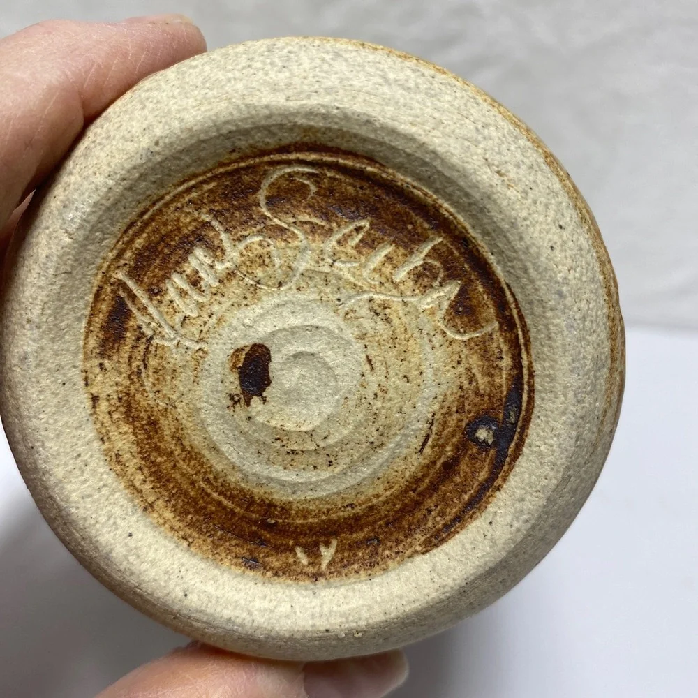 Stoneware Signed Vase Beige‎ Earthy Glaze Textured Vertical Lines Art Pottery